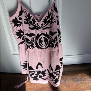 Free People Pink flowy romper with Black Floral Embroidery